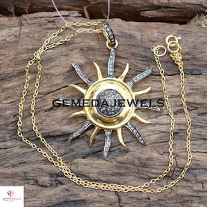 Sale! Pave Diamond Sun Pendant, 925 Sterling Silver, Gold Plated Jewelry, Silver Diamond Necklace, Gift For Birthday, 16&quot; Link Chain Jewelry