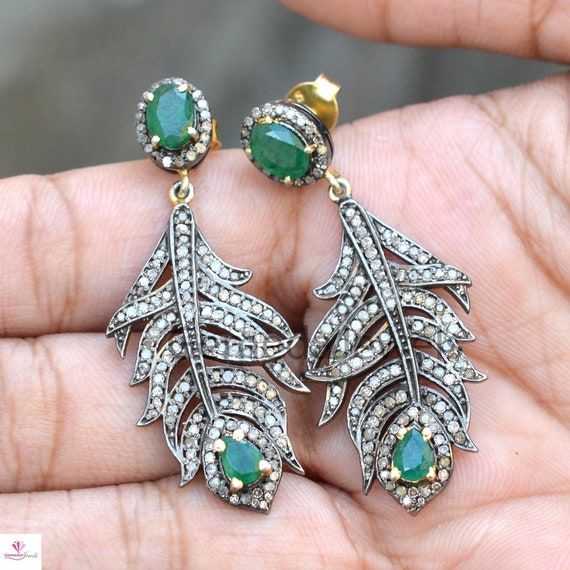 Buy Sale Natural Emerald Earrings Pave Diamond Earring 14k Gold Earrings 925 Silver Jewelry Gemstone Diamond Leaf Jewelry Mother Day Gifts Online in India Etsy