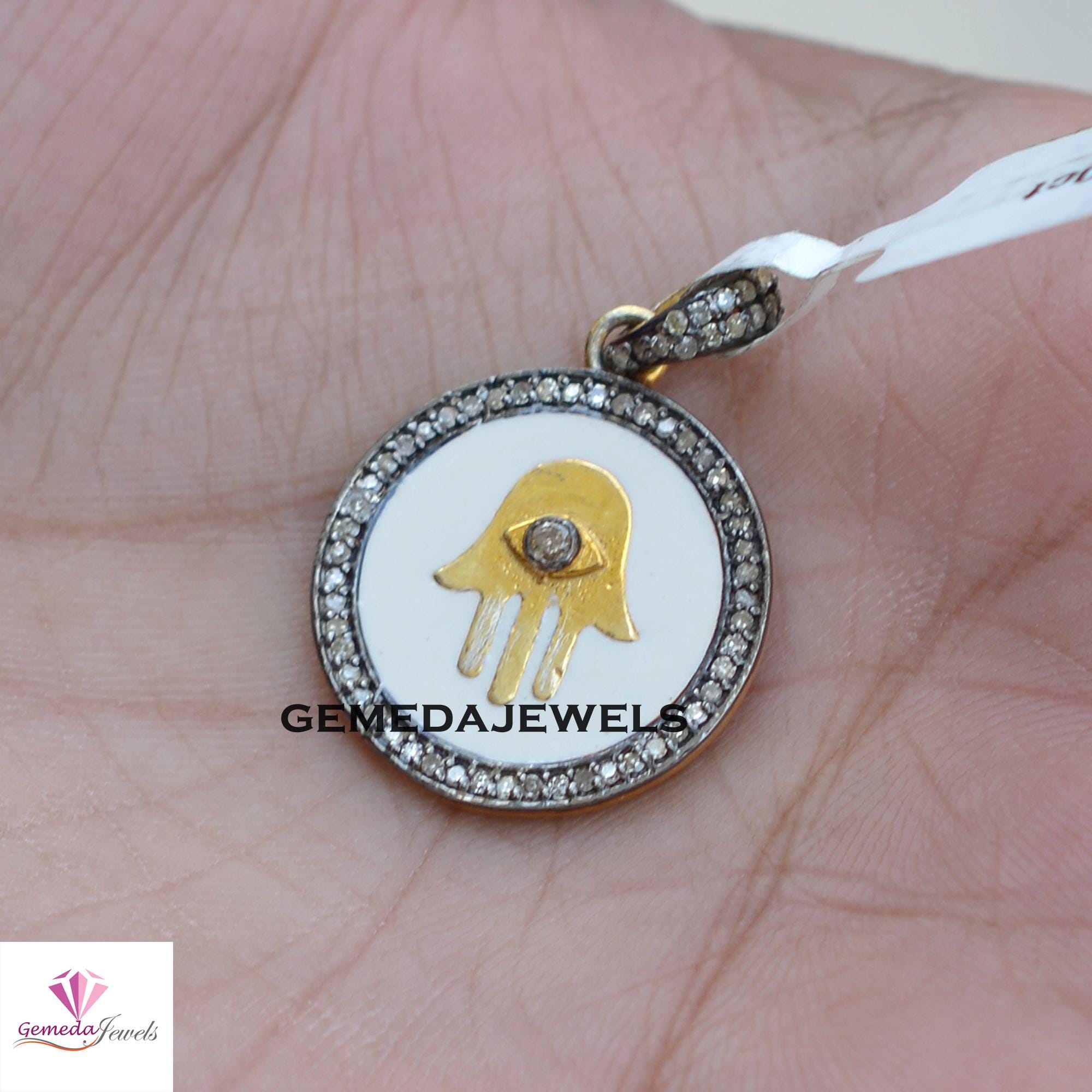 Ciondolo Hamsa In Argento Placcato Oro Giallo 14K Con Moissanite Vera Taglio Baguette 1,80 Ct - Foto 3