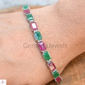 Natural Ruby Bracelet, 925 Sterling Silver Jewelry, Emerald Bracelet, Pave Diamond Bracelet, Link Bracelet, Baguette Gemstone Jewelry, Gift