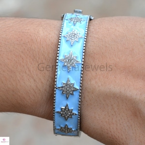 Pave Diamond Star Cuff Bangle, Blue Black Enamel Bangle Bracelet, Sterling Silver Jewelry, Diamond Star Bangle Jewelry, Wedding Gift Jewelry