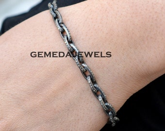 Pave Diamond 925 Silver Link Bracelet, Handmade Unisex Jewelry