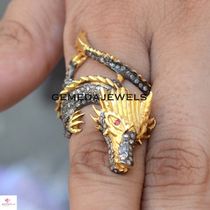 Pave Diamond Dragon Ring: Gold Plated 925 Silver Fantasy Jewelry
