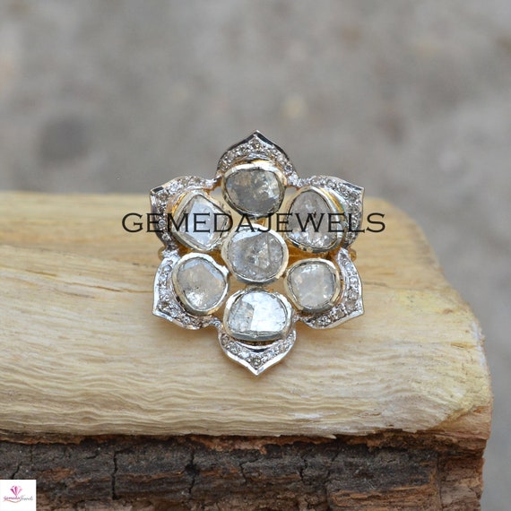 Polki Gray Diamond Earrings Round Gold-plated Sterling Silver Polki Gray Diamond Earrings Round Gold-plated Sterling Silver