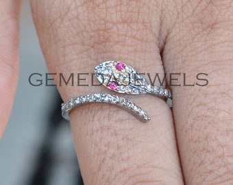 Pave Diamond Snake Ring: Sterling Silver with Ruby Eyes