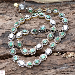 Sale! Natural Emerald Necklace, Polki Diamond Necklace, Pave Diamond Necklace, Gemstone 18&quot; Necklace Jewelry, 925 Silver Gold Plated Jewelry