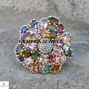 Handmade Multi Gemstone Flower Ring: Pave Diamond 925 Silver