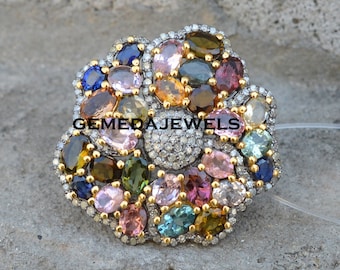 Multi Gemstone Silver Ring, 925 Silver Ring, Gold Plated Jewelry, Gemstone Flower Ring, Pave Diamond Ring, Gemstone Diamond Jewelry, Gifts