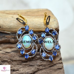 Natural Opal Diamond Earrings: 14k Gold Plated 925 Silver Sapphire Jewelry