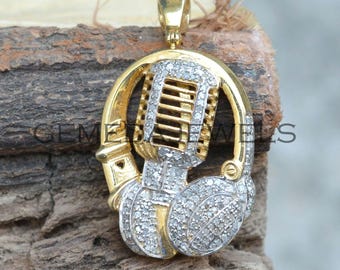 Pendentif casque micro en argent 925 plaqué or avec diamants