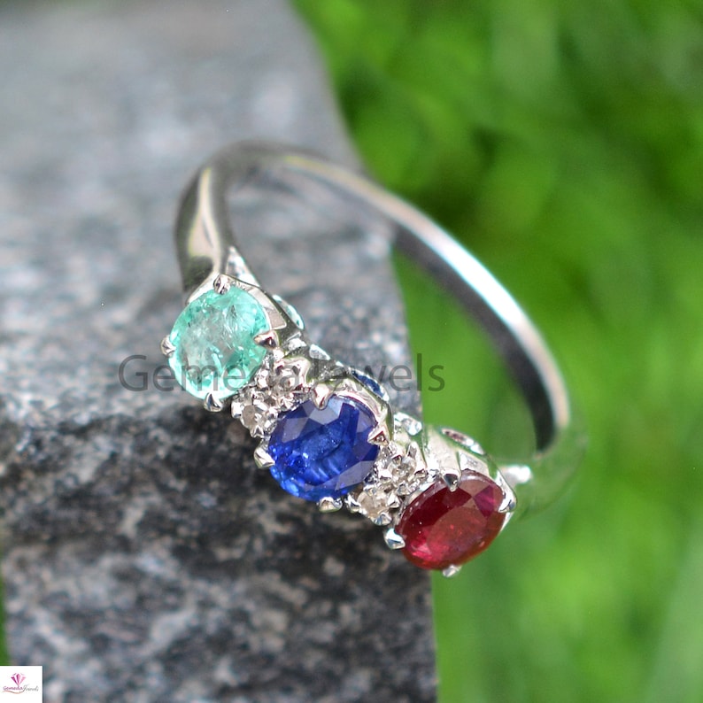 Emerald Ruby Sapphire Gemstone Ring Valentine Day Gift Diamond Silver Ring Handmade Band Ring Faceted Gemstone Ring 925 Silver Jewelry