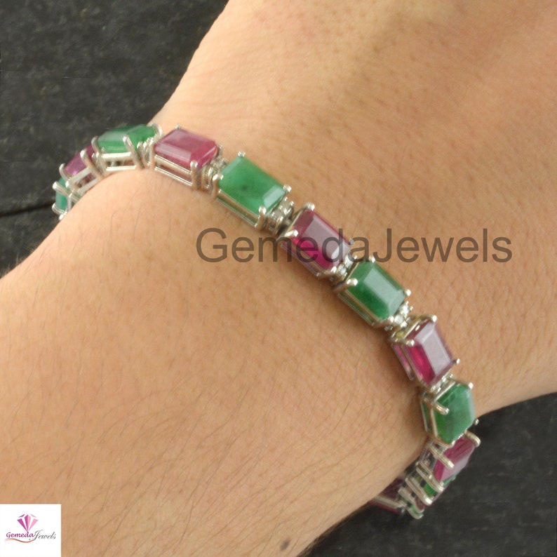 Natural Ruby Bracelet 925 Sterling Silver Jewelry Emerald Gemstone Bracelet Genuine Pave Diamond Handmade Link Chain Bracelet Fine Jewelry