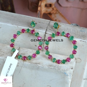 Sale!! Natural Emerald Gemstone Earrings, Ruby 925 Silver Earring Jewelry, Pave Diamond Earrings, Gold Vermeil Jewelry, Women&#39;s Jewelry