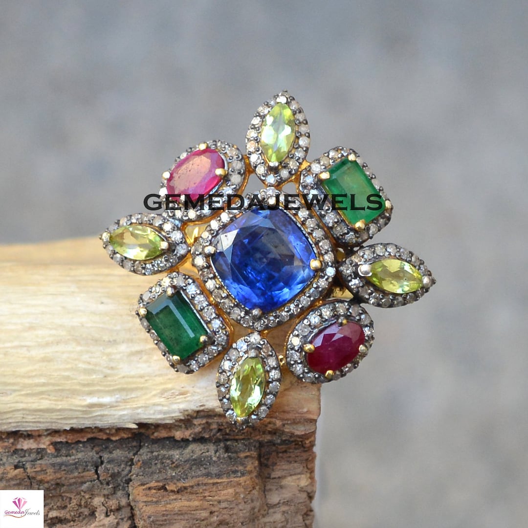 Multi Gemstone Ring, Gemstone Flower Ring, Pave Diamond Ring, 925 ...