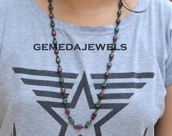 Emerald, Black Spinel & Ruby Gemstone Necklace, 925 Silver, 26 Inch