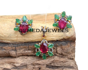 Handmade Ruby Emerald Pendant Earrings: Pave Diamond 925 Silver Jewelry Set