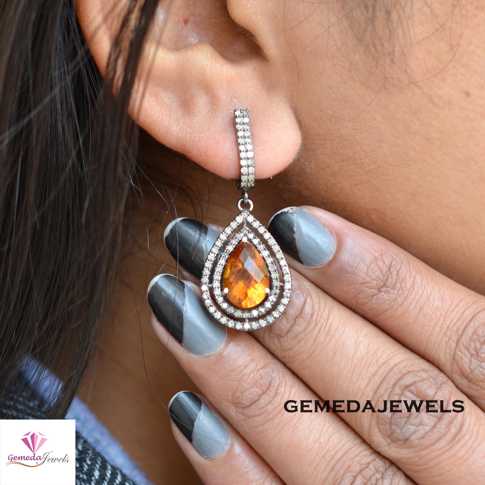 Oxidized 925 Silver Citrine Earrings: Pave Diamond Dangle Jewelry