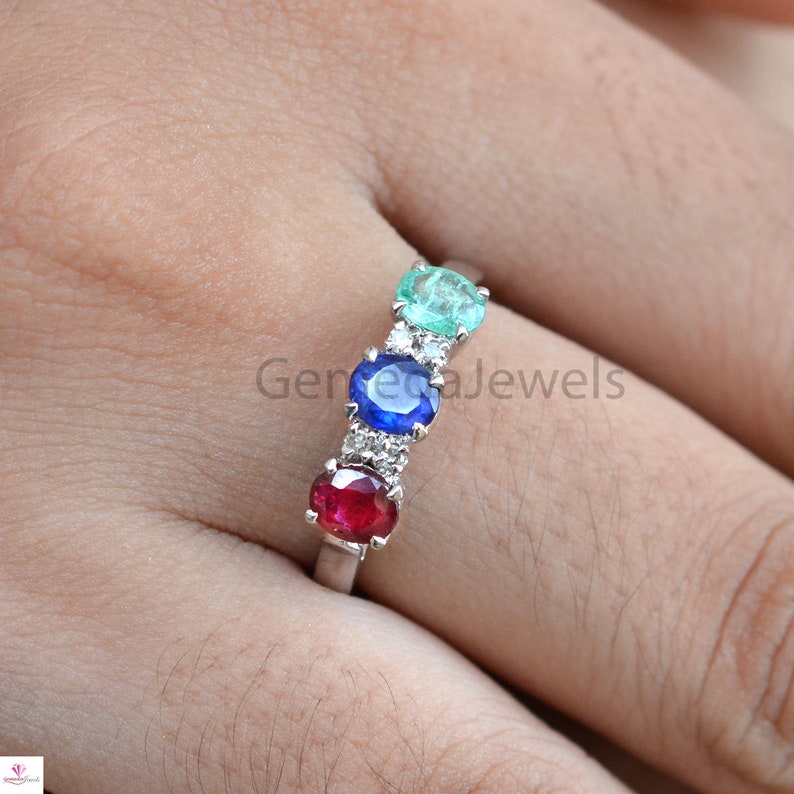 Emerald Ruby Sapphire Gemstone Ring Valentine Day Gift Diamond Silver Ring Handmade Band Ring Faceted Gemstone Ring 925 Silver Jewelry