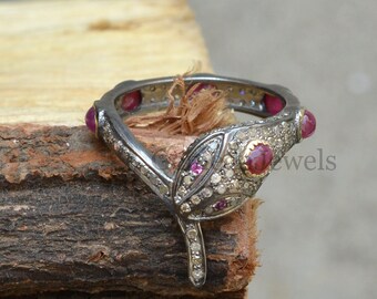 Pave Diamond Snake Ring: Ruby Eyes, Sterling Silver