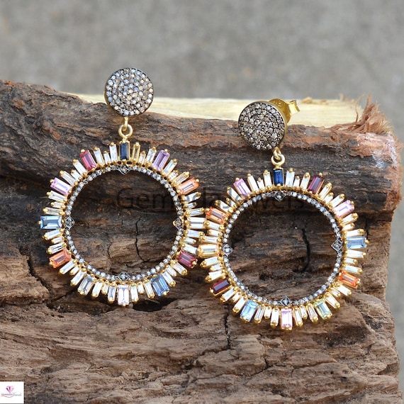 Sale Multi Sapphire Earrings Pave Diamond Earring 925 Silver 14k