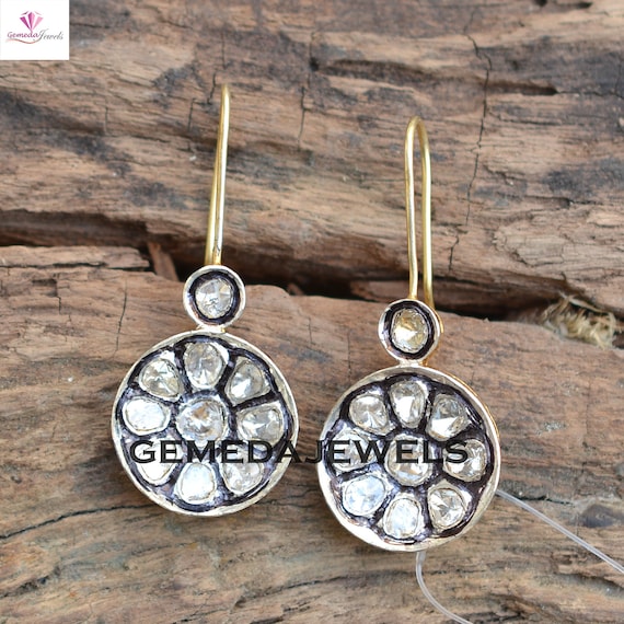 Sale Rose Cut Polki Diamond Ear Wire Earring 925 Silver Gold