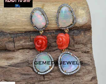 Handmade Opal & Coral Flower Earrings: 925 Sterling Silver, Pave Diamond Dangle