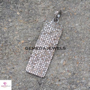 Pave Setting Diamond Pendant, 925 Sterling Silver Jewelry, Diamond Dog Tag Necklace, Handmade Pendant Jewelry, 16&quot; Silver Link Chain Pendant
