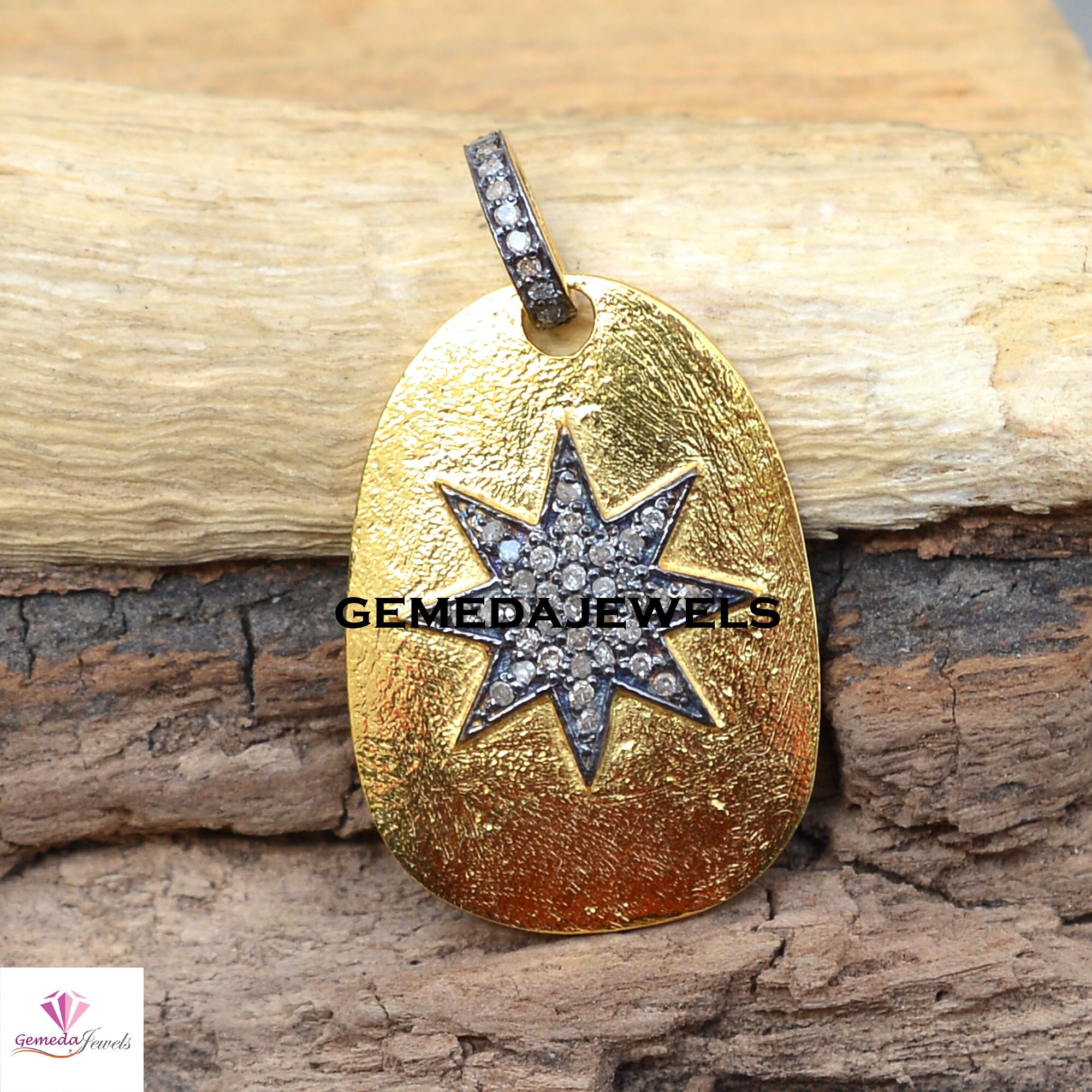 Sale!! Pave Diamond Star Pendant, 925 Silver Gold Plated