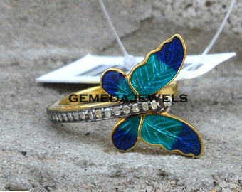 Sale!! Pave Diamond Butterfly Ring, Enamel Butterfly Ring, Diamond Silver Jewelry, Gold Plated Ring, 925 Silver Jewelry, Valentine Day Gift