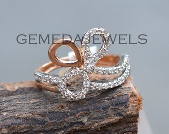Bague faite main en or rose 14 carats pavée de diamants : superposition de bijoux