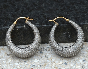 Pave Diamant Creolen Ohrringe: 6.24ct, 14k Gold & 925 Silber