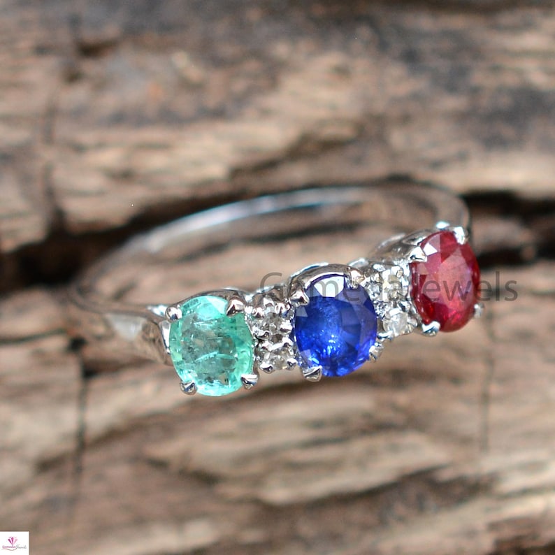 Emerald Ruby Sapphire Gemstone Ring Valentine Day Gift Diamond Silver Ring Handmade Band Ring Faceted Gemstone Ring 925 Silver Jewelry