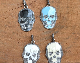 Pave Diamond Skull Pendant: Enamel 925 Silver Necklace