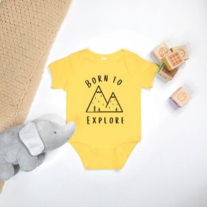 Born To Explore, New Baby Gift, Newborn Clothes, Adventure Baby Boy Outfit, Baby shower gift, Camping baby bodysuit, Adventure Awaits Yellow