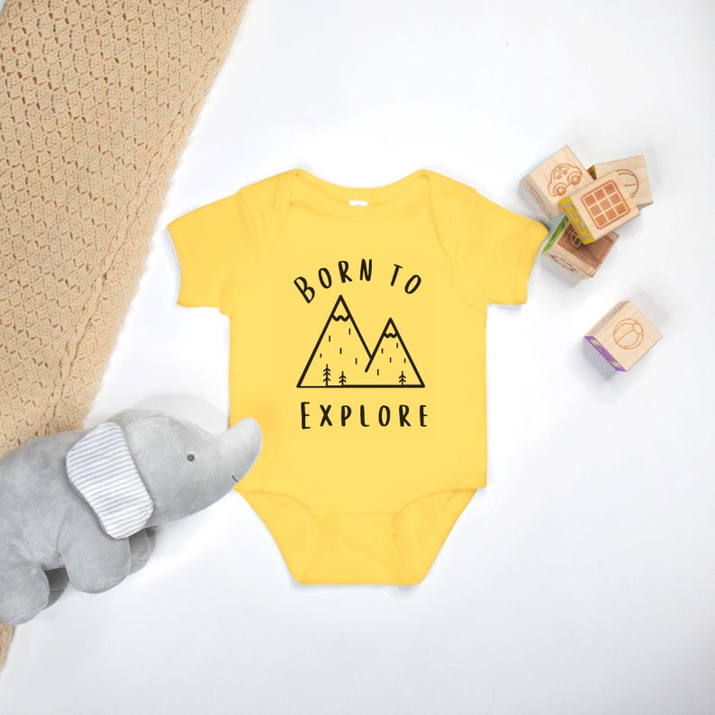 Born To Explore, New Baby Gift, Newborn Clothes, Adventure Baby Boy Outfit, Baby shower gift, Camping baby bodysuit, Adventure Awaits Yellow