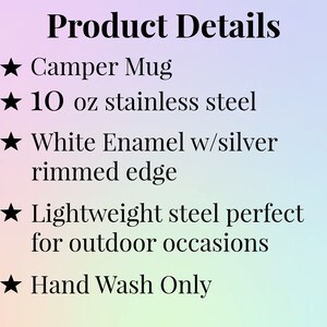 K&ouml;nnte beinhalten: Text auf einem Farbverlaufshintergrund mit der Aufschrift &bdquo;Produktdetails&ldquo;, gefolgt von Aufz&auml;hlungspunkten. Die Punkte beschreiben einen Campingbecher aus 295 ml Edelstahl mit wei&szlig;er Emaille und silbernem Rand. Der Becher ist aus leichtem Stahl und f&uuml;r den Au&szlig;enbereich geeignet. Nur Handw&auml;sche.