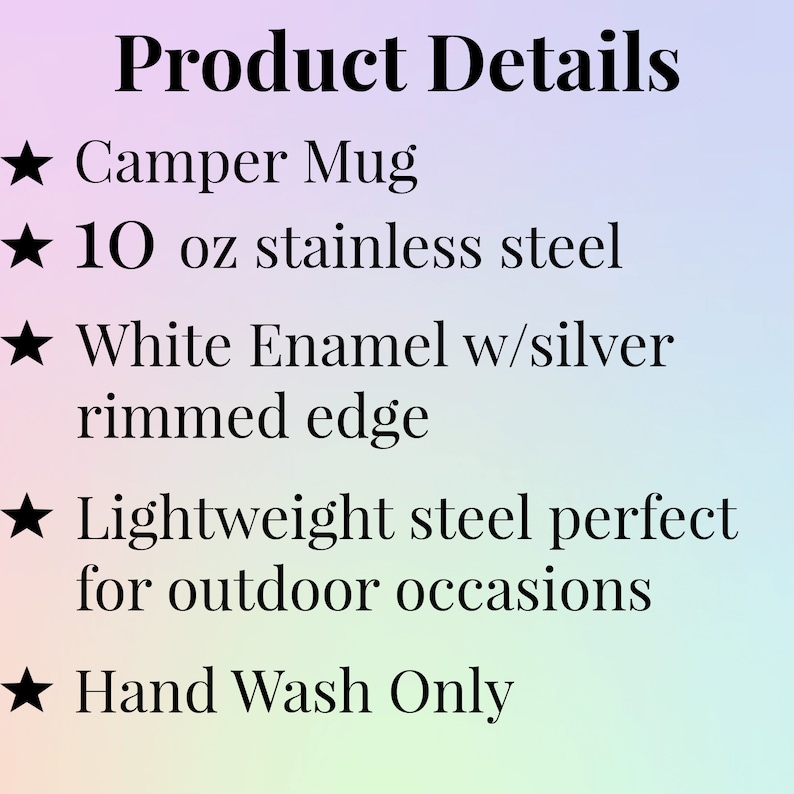 K&ouml;nnte beinhalten: Text auf einem Farbverlaufshintergrund mit der Aufschrift &bdquo;Produktdetails&ldquo;, gefolgt von Aufz&auml;hlungspunkten. Die Punkte beschreiben einen Campingbecher aus 295 ml Edelstahl mit wei&szlig;er Emaille und silbernem Rand. Der Becher ist aus leichtem Stahl und f&uuml;r den Au&szlig;enbereich geeignet. Nur Handw&auml;sche.