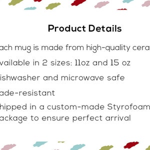 Pode incluir: Fundo branco com o texto "Product Details". O texto lista as caracter&iacute;sticas do produto: feito de cer&acirc;mica de alta qualidade, dispon&iacute;vel em 2 tamanhos (aproximadamente 325 ml e 444 ml), lav&aacute;vel na m&aacute;quina de lavar lou&ccedil;a e micro-ondas e resistente ao desbotamento.