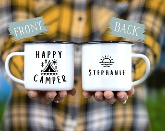 Taza de camping personalizada, taza de campamento feliz, regalo de camping, taza para acampar, cumpleaños de camping, regalo de viaje, taza de viaje, taza al aire libre