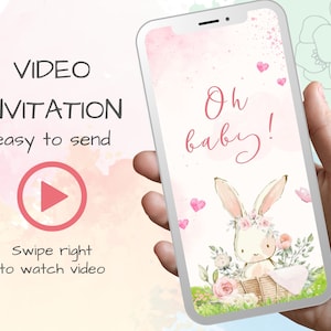 Kids Party E Invite, Bunny and Balloon Video Invitation, Personalized Invite for Baby Shower, Custom Text Message Invites