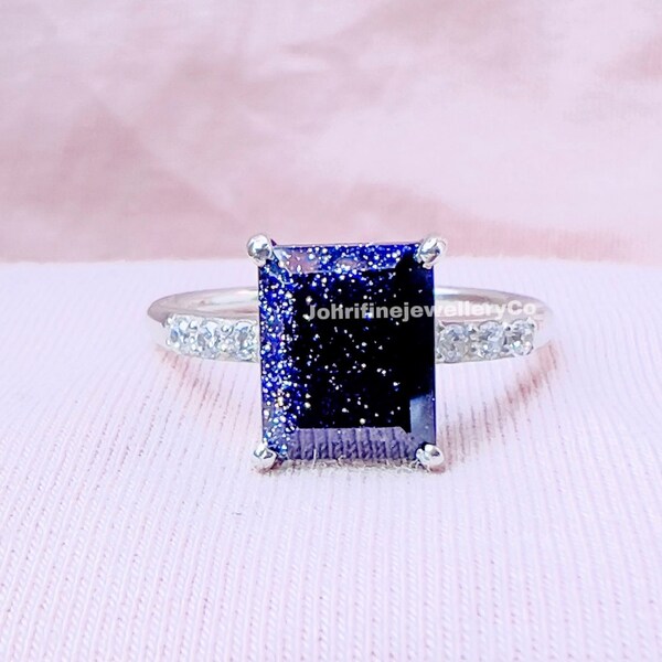 Blue Sandstone Emerald Cut Engagement Ring, Goldstone Solitaire Ring, Galaxy Ring, Space Ring, Nebula Ring, Promise Ring, Christmas Gift