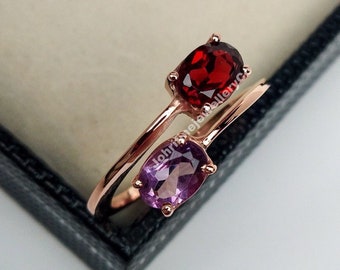 Garnet And Amethyst Ring, Natural Multi Stone Ring, 925 Sterling Silver, Handmade Ring, Promise Ring, Gift For Her, birthstone Ring