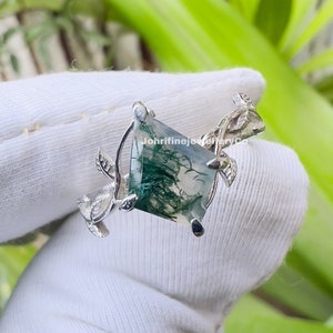 Kite Cut Natural Moss Agate Ring, Art Deco Branches Leaf Nature Inspired Ring Moss Ring, Gift For Mom, Sterling Silver Ring, Promise Ring