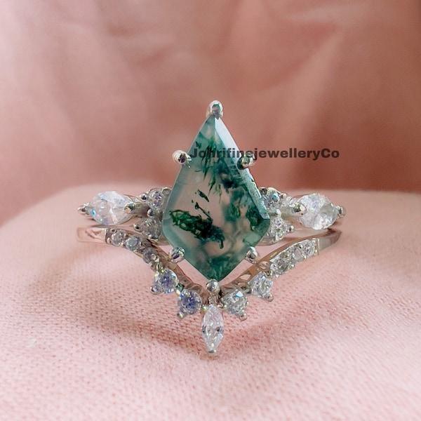 kite cut green moss agate engagement ring set 14krose gold marquise cut cubic zirconia ring for women unique bridal wedding ring set