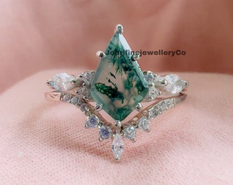 kite cut green moss agate engagement ring set 14krose gold marquise cut cubic zirconia ring for women unique bridal wedding ring set