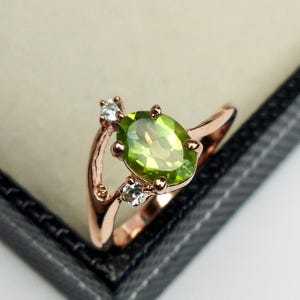 Dainty Peridot Ring: Rose Gold Sterling Silver, CZ Accents