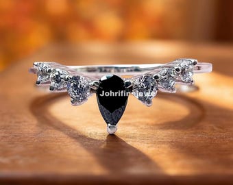 ペアシェイプカットのブラックオニキス入りスターリングシルバー製結婚