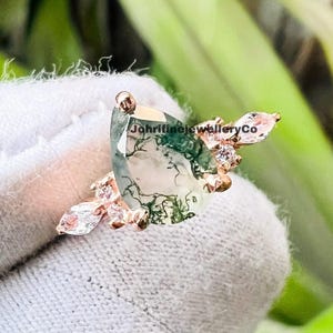 Moss Agate Ring Statement Ring, Pear Cut Gems, Art Deco  Wedding Band, 7 Stone Women Ring, Bridal Promise Ring, 925 sterling silver Ring