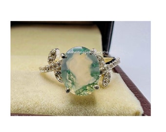 Elegant Leaf Shaped Natural Moss Agate Ring - April Birthstone Jewelry for a Timeless Touch of Nature