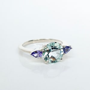 Natural Aquamarine Ring, Tanzanite Ring, Mother's day Gift, 3 Stones Ring, Wedding Ring, Engagement Ring, March Birthstone, Halo Ring